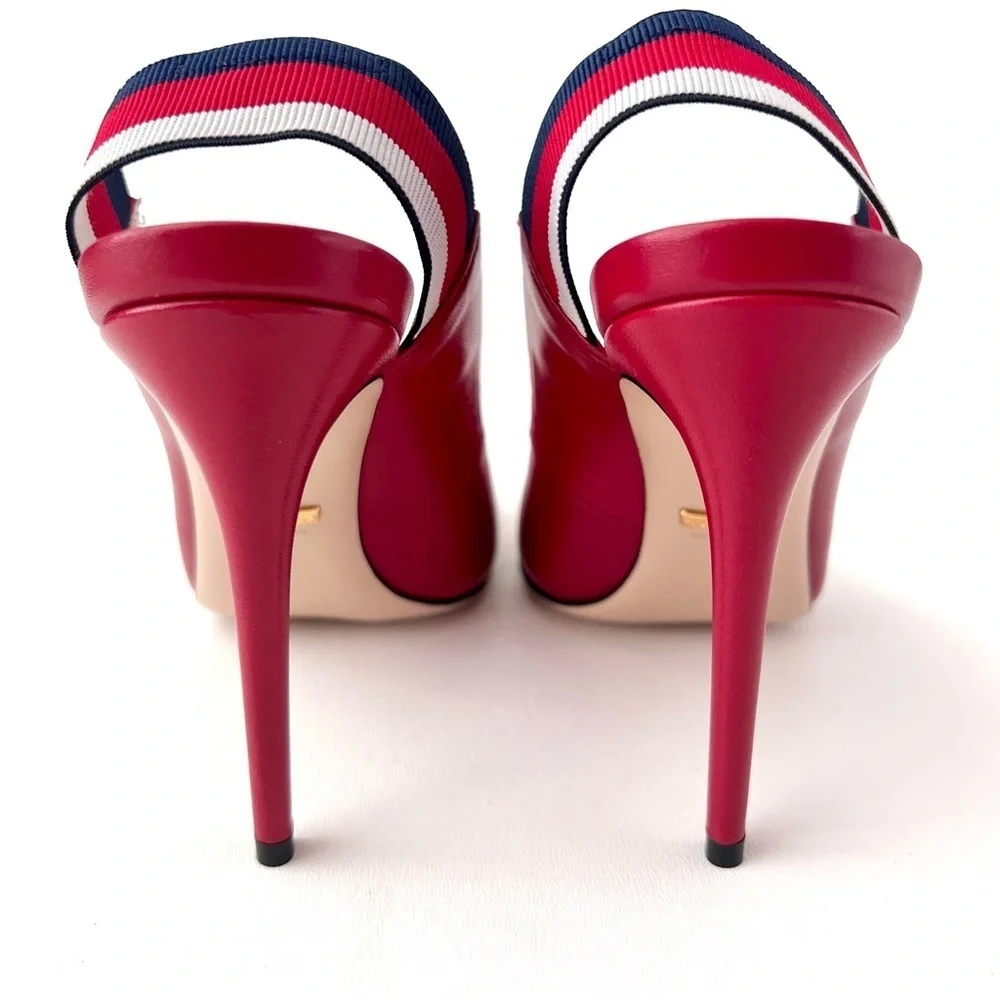New‎ GUCCI | Sylvie Web Stripe Slingback Red Leather Pointed Pumps EU 39 US 9